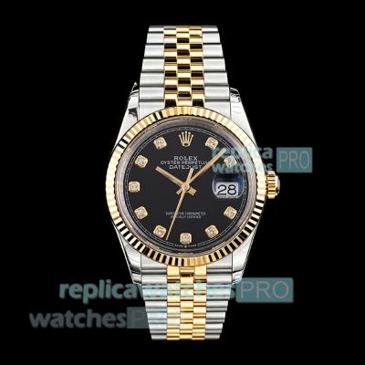 B Factory Swiss Replica Rolex Datejust 36mm Two-Tone Jubilee Watch with Black Diamond Dial 